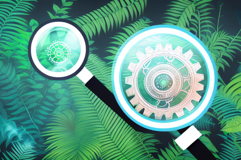 A magnifying glass hovering over a stylized amazon jungle