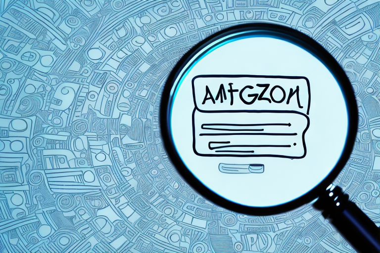 A magnifying glass hovering over a stylized amazon website