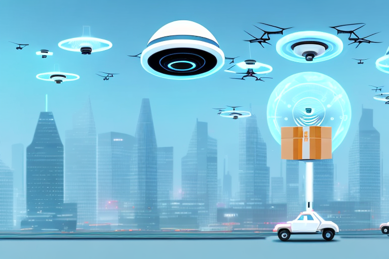 A futuristic cityscape with amazon delivery drones flying overhead