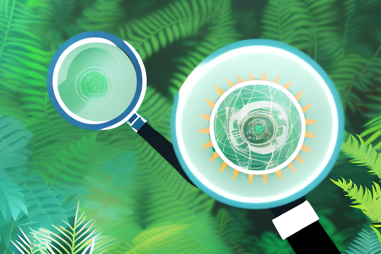 A magnifying glass focusing on a stylized amazon rainforest