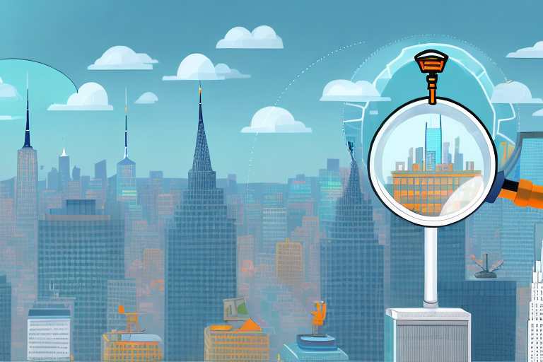 A magnifying glass hovering over a cityscape of nyc