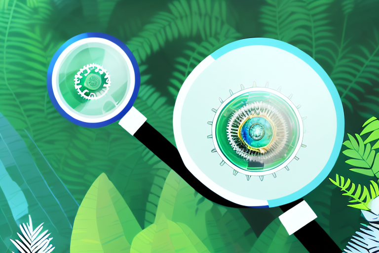 A magnifying glass hovering over a stylized amazon jungle landscape