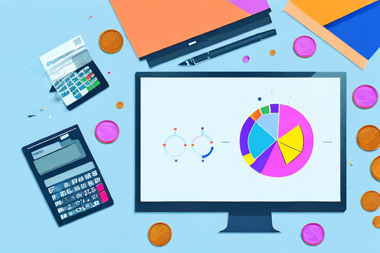 A computer screen displaying a colorful pie chart and various financial graphs