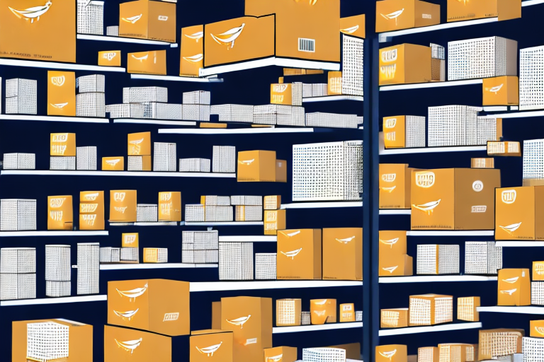 A computer screen showing an inventory management software interface with various labeled boxes (indicating amazon fba products) neatly organized on warehouse shelves