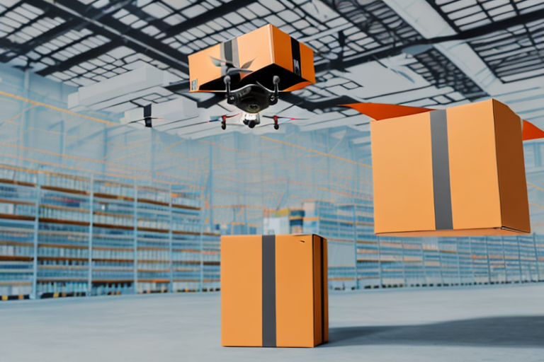 A box with an amazon label being lifted by a drone against the backdrop of a warehouse