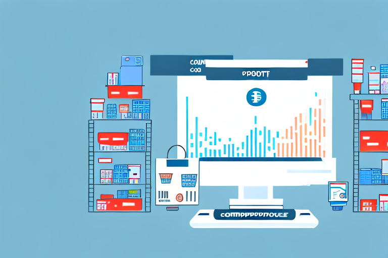 A computer with a graph on the screen showing increasing profits