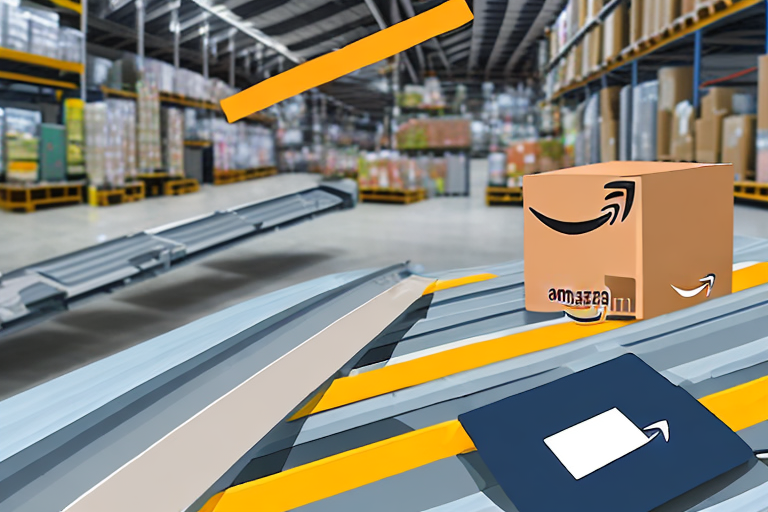 An amazon box on a conveyor belt in a warehouse