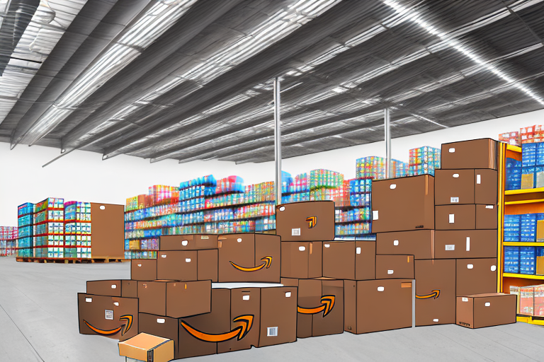 An amazon warehouse with a delivery truck in front