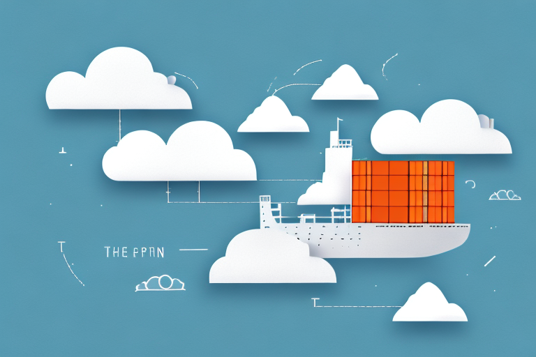 A cargo ship releasing boxes (representing products) onto a cloud