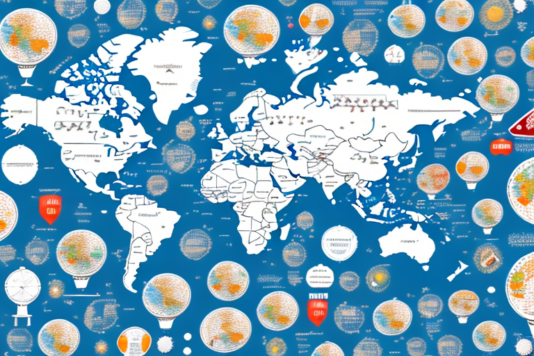 A computer screen displaying a global map with various product icons moving from different points around the world