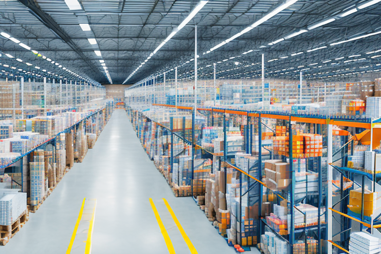 An expansive warehouse filled with neatly organized shelves