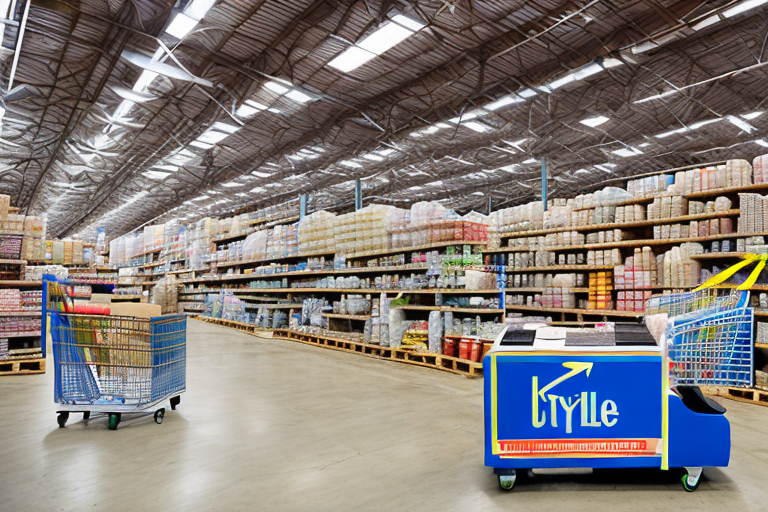 A large warehouse filled with various types of goods like clothing