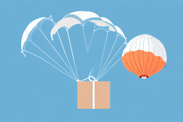 A cargo ship releasing a small package from a parachute