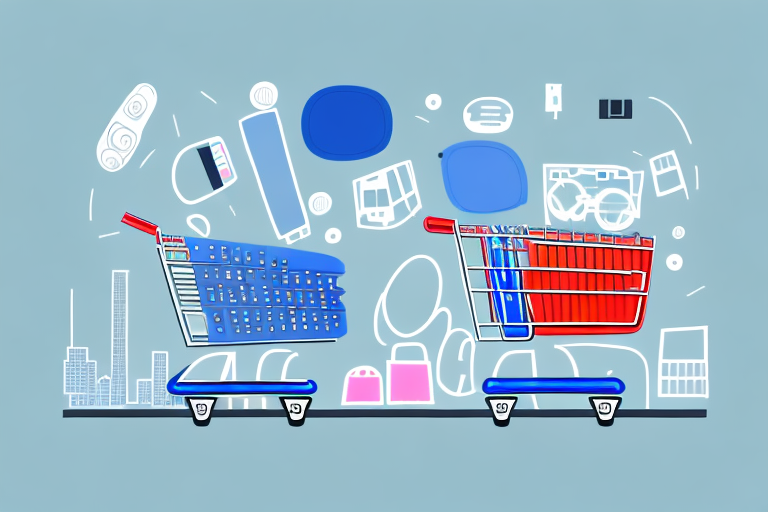 A shopping cart filled with various products like electronics