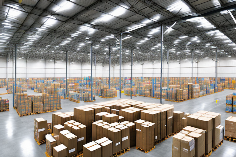 A large warehouse with various sections such as packaging