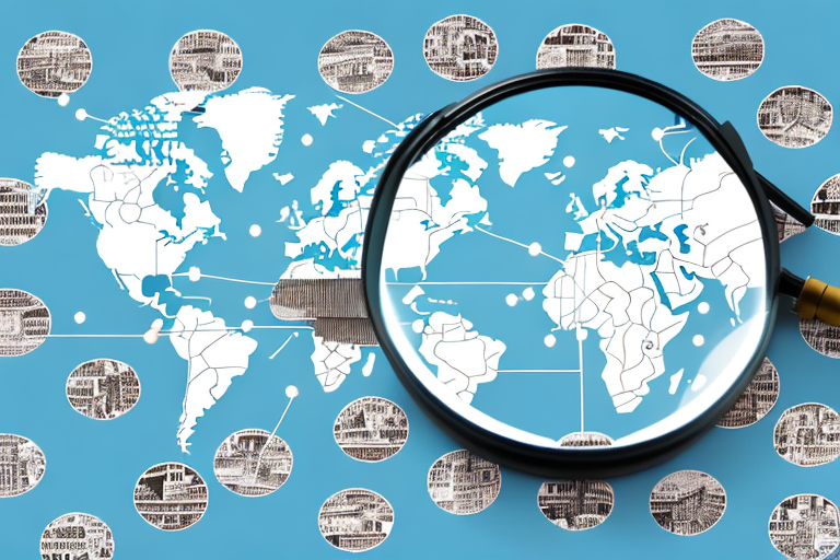 A magnifying glass over a global map with various distribution icons (like trucks or warehouses) scattered around