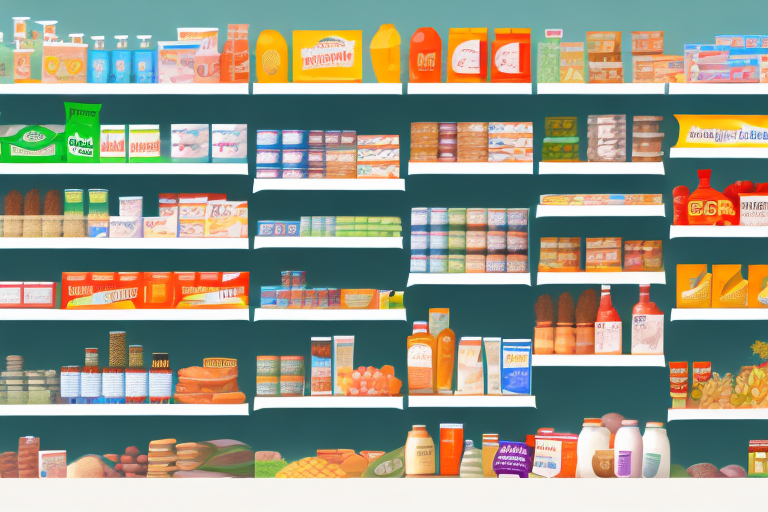 A supermarket shelf filled with various private-label products in different shapes and sizes