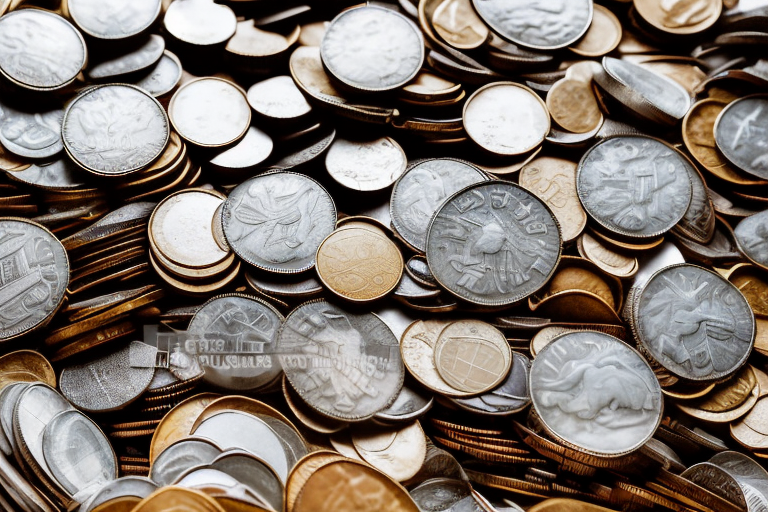 A small pile of coins increasing in size towards a large warehouse filled with various boxed goods