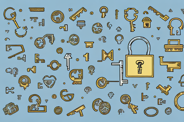 A golden key unlocking a treasure chest filled with symbols of various industries such as a factory