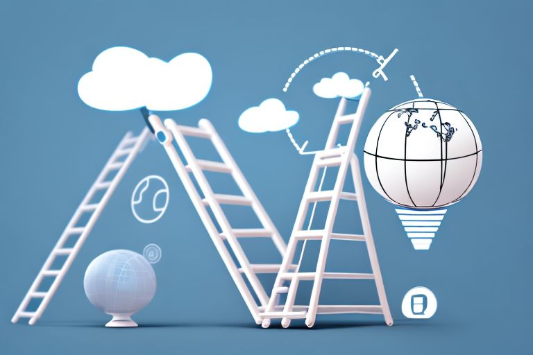 A ladder reaching to a cloud with various online business-related icons like a computer