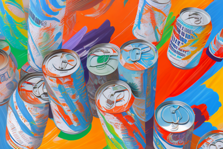 A vibrant market scene with various types of cans artistically displayed