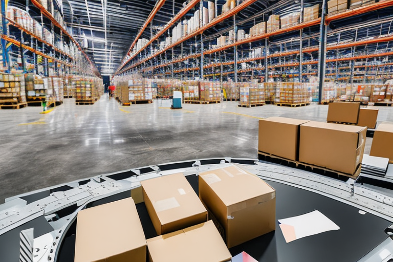 A variety of different sized boxes on a conveyor belt inside a large