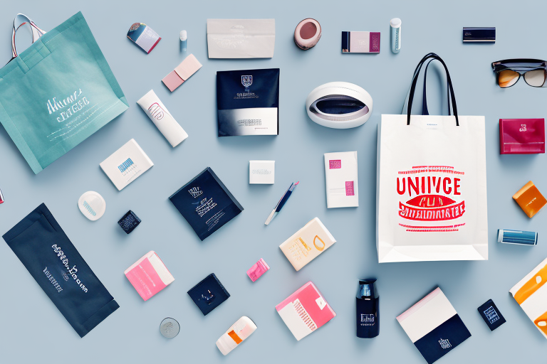 A shopping bag filled with various unbranded products