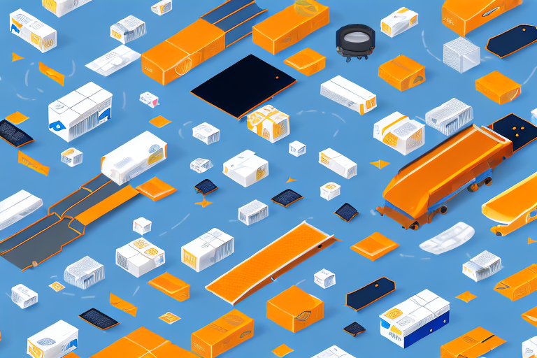 A conveyor belt with various types of packages moving towards a stylized representation of an amazon fba warehouse