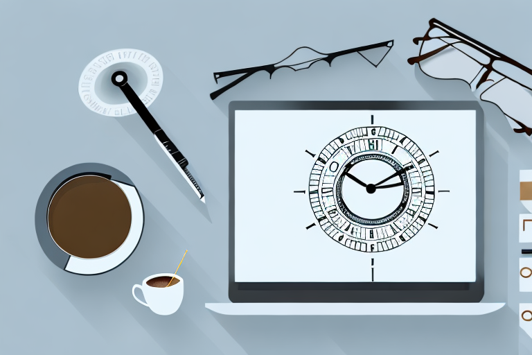 A clock surrounded by various productivity tools such as a laptop