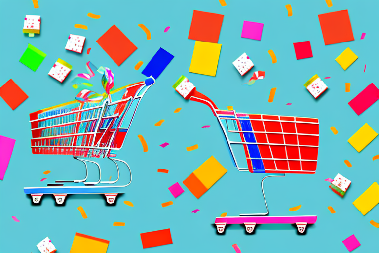 A vibrant shopping cart filled with various discounted items like electronics