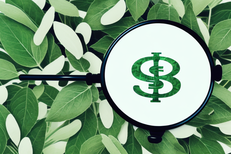 A magnifying glass hovering over a flourishing plant with dollar signs as leaves