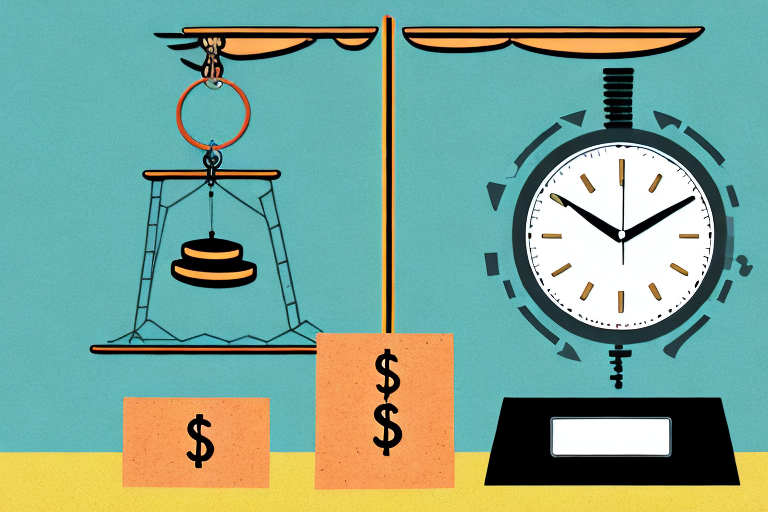 A scale balancing a box labeled "product" on one side and various symbols of money