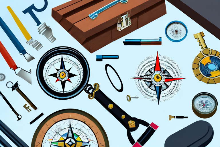 A toolbox filled with various tools such as a magnifying glass