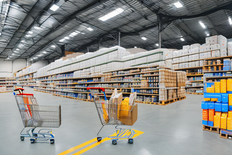 A large warehouse filled with various goods like electronics