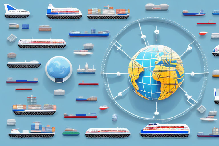 A globe surrounded by various types of transportation like a ship