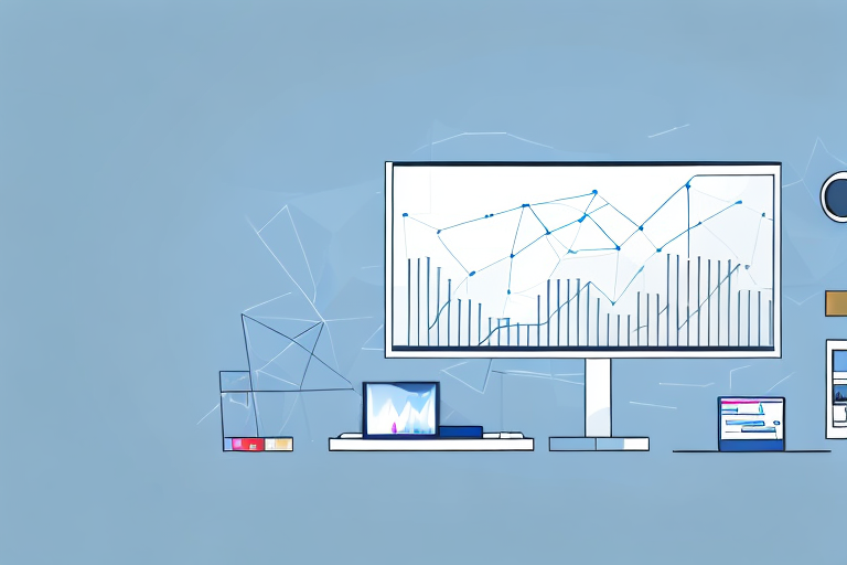 A modern office setting with a large screen displaying various graphs and charts