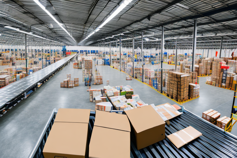 A warehouse with various packages being sorted on conveyor belts