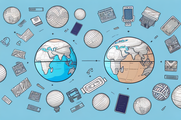 A globe with different types of products (like boxes