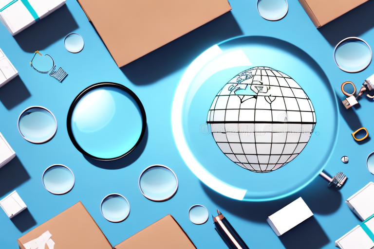 A magnifying glass hovering over a globe with various types of products (like boxes