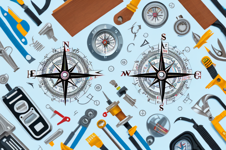 A toolbox filled with various tools like a compass