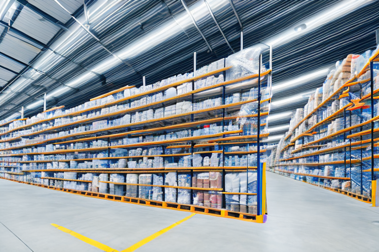 A large warehouse filled with neatly organized shelves of various products