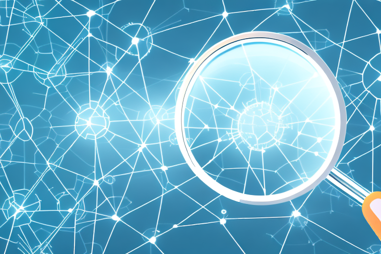 A magnifying glass hovering over a network of interconnected digital nodes