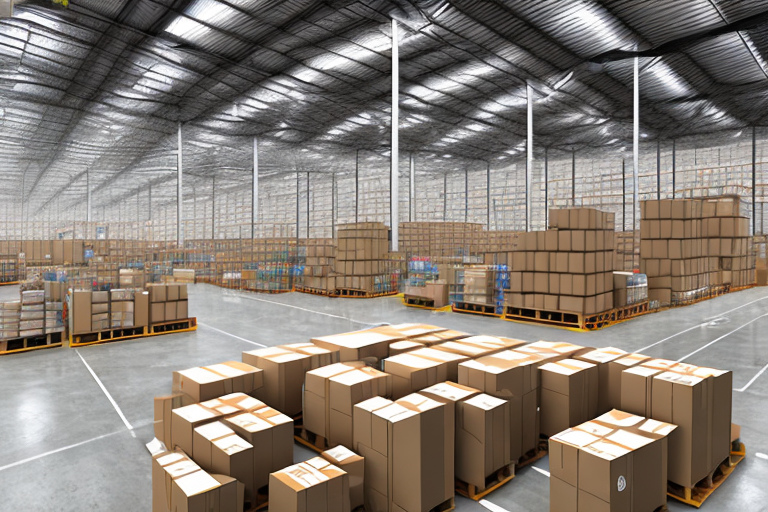 A warehouse filled with various products being packed into amazon-branded boxes
