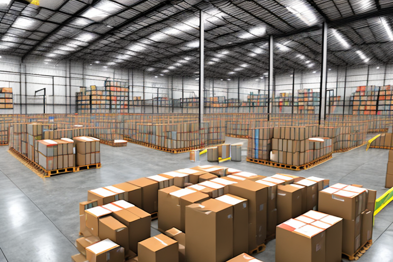 A warehouse full of various products being packed into amazon-branded shipping boxes