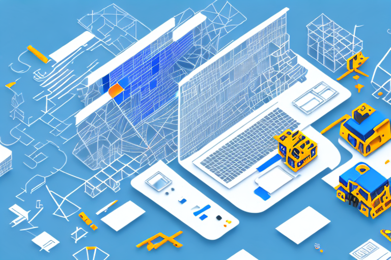 A construction site with various digital tools and elements (like a mouse pointer