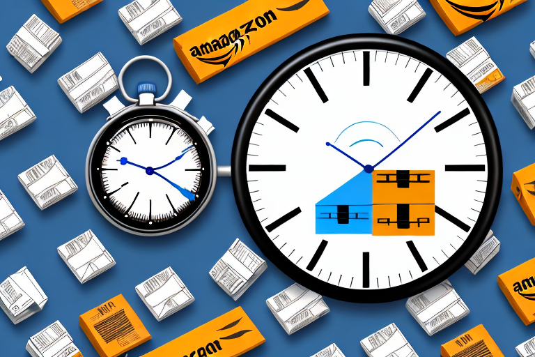 A stopwatch surrounded by amazon boxes and a warehouse to represent the concept of time in selling on amazon fba