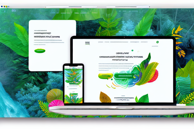 A vibrant digital landing page with symbolic elements of amazon like the river and rainforest