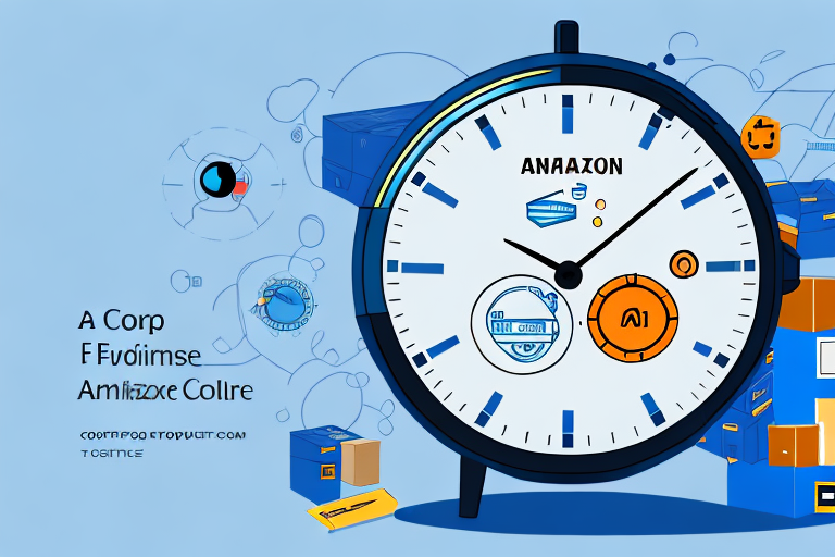 A stopwatch surrounded by various elements of an amazon fba setup process
