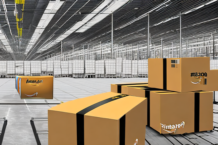 A warehouse with amazon-branded boxes being loaded onto a conveyor belt