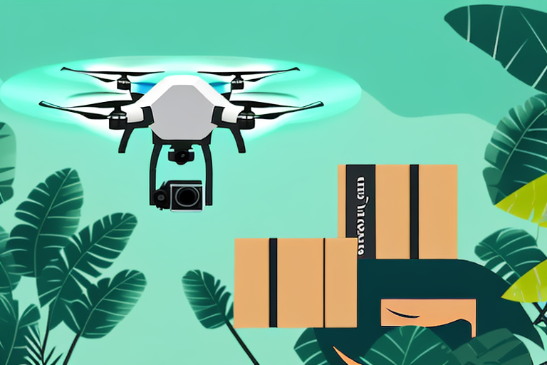 A package being delivered by a drone against the backdrop of amazon's jungle